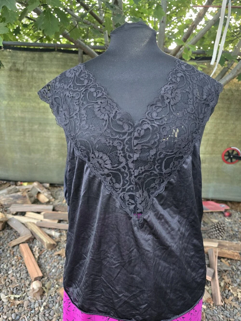 Vtg 80's Black V-Neck Nylon Lace Lingerie Top Dark Romance Old Hollywood Glam
